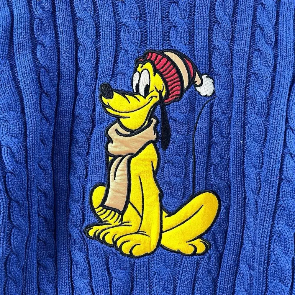 Not So Ugly Christmas Sweater Pluto Mickey Mouse Cable Knit Blue Disney Store XS